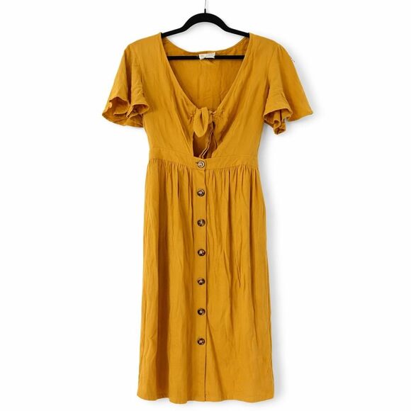Mimi Chica Dresses & Skirts - Mini Chica Dress Womens Small Mustard Yellow Midi Button Flutter Sleeve Boho